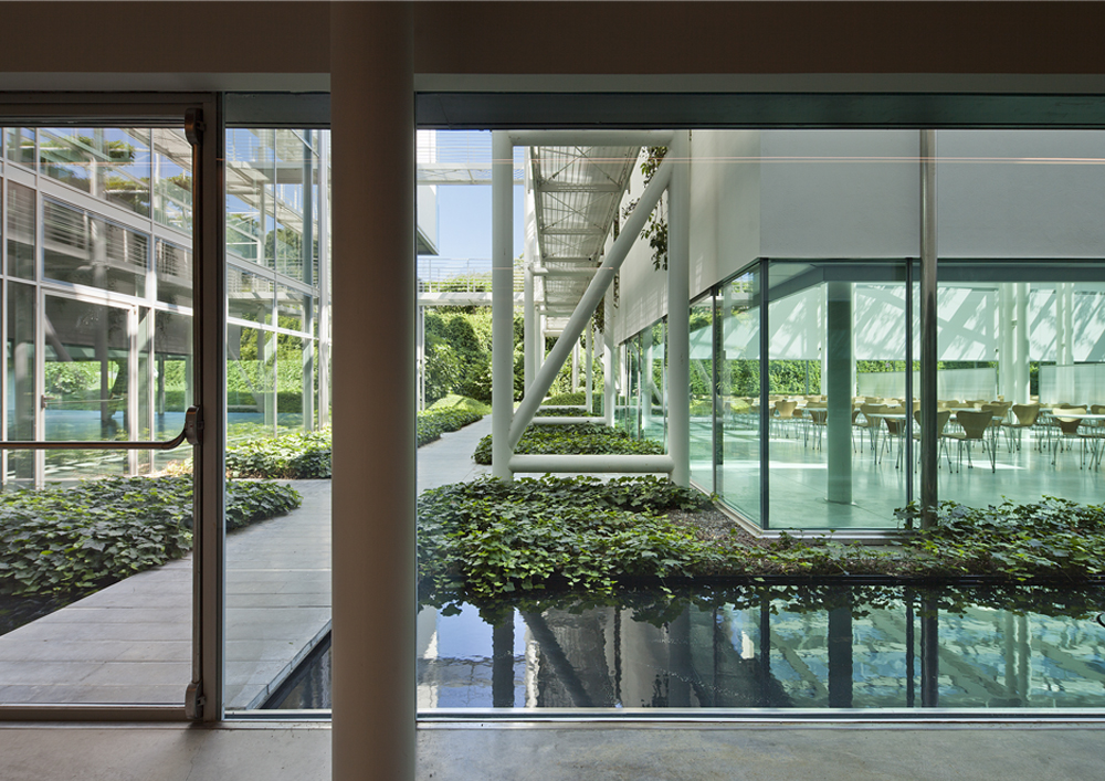 Secluded and unexpected, the interstices between the dining-hall and the main block are reminiscent of the mediaeval alleys in the Tuscan hamlets nearby
