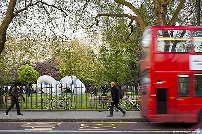 View of the Peace Pavilion from the street in the Museums Gardens, London